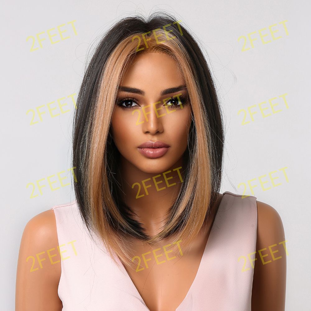 NO5 Long Straight Black and Blonde Highlight Bangs Synthetic Wigs Women's Wigs for Daily or Cosplay Use LC2004-2