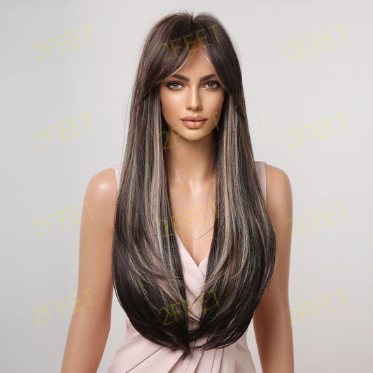 NO-18 Long Straight Black highlight blonde Wigs with bangs wigs for Women LC2075-1