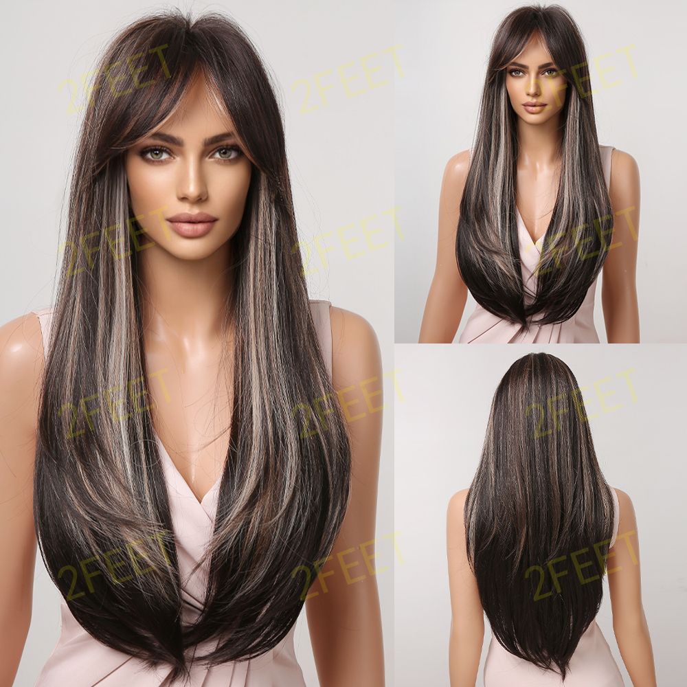 NO-18 Long Straight Black highlight blonde Wigs with bangs wigs for Women LC2075-1