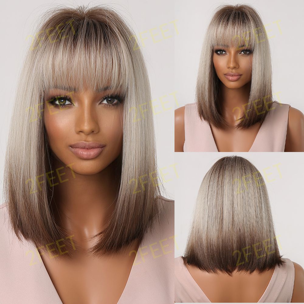 NO4 ombre blonde hair shoulder length straight hair with bangs for women dailywear LC2067-1