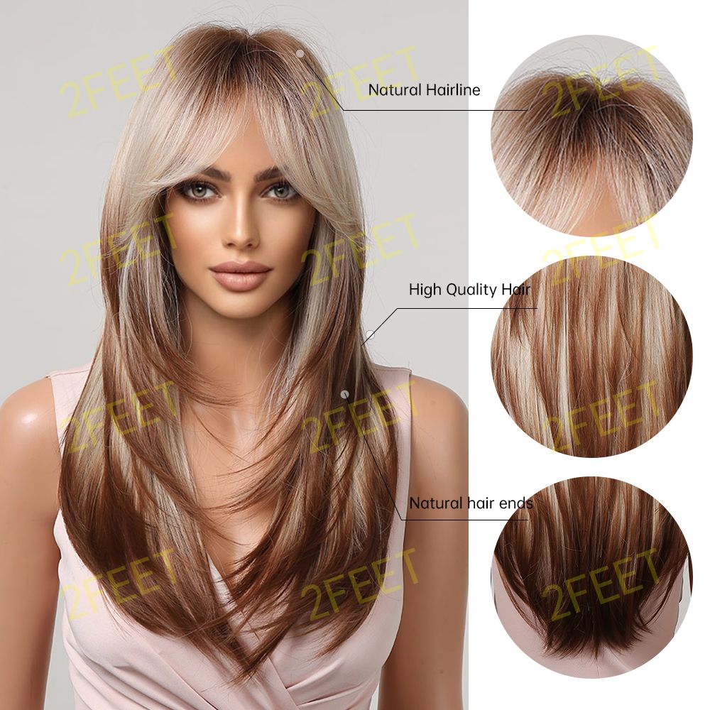 NO-48 ombre dark brown to blonde layered long straight wigs for women dailywear
