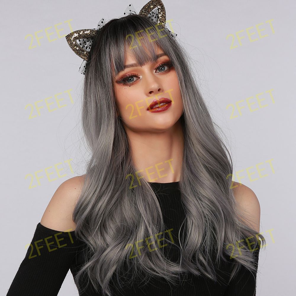 Long curly wigs black ombre grey with bangs wigs for women for daily life LC6057