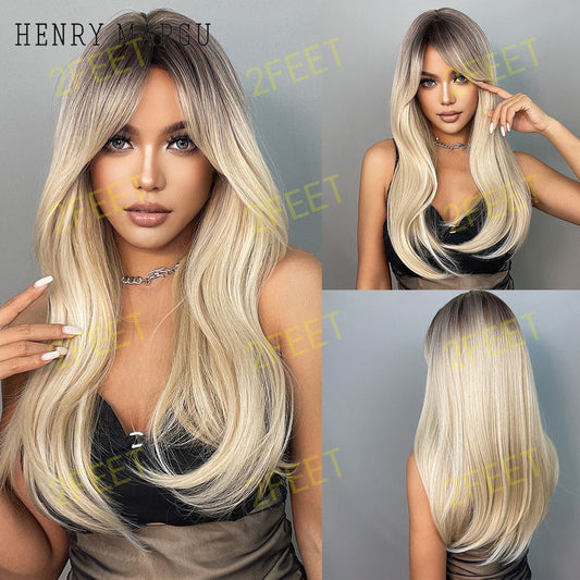 NO-40 Long straight wigs black ombre white blonde with bangs wigs for women for daily life LC5227-1