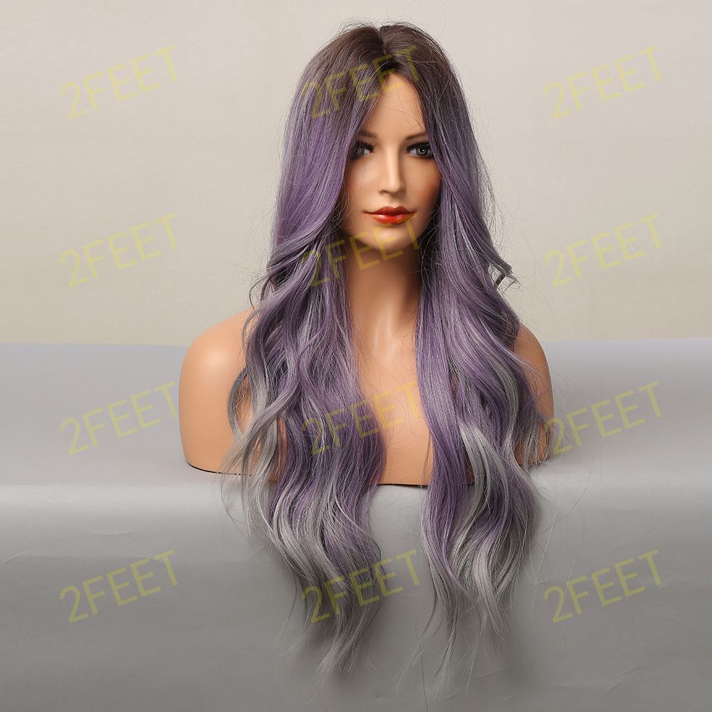 Long curly wigs purple ombre grey with middle bangs wigs for women for daily life LC5116-1