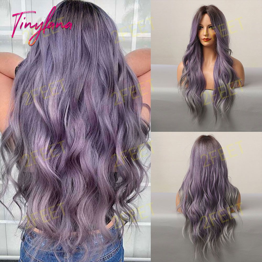 Long curly wigs purple ombre grey with middle bangs wigs for women for daily life LC5116-1