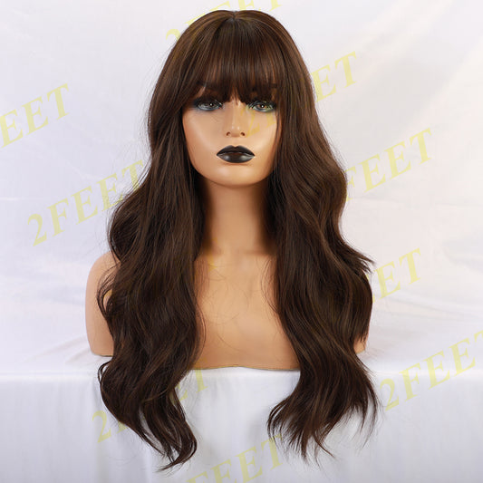 NO-35 2Feet-Long Brown Wigs with Bangs Wave Synt (Size: 24 inches)