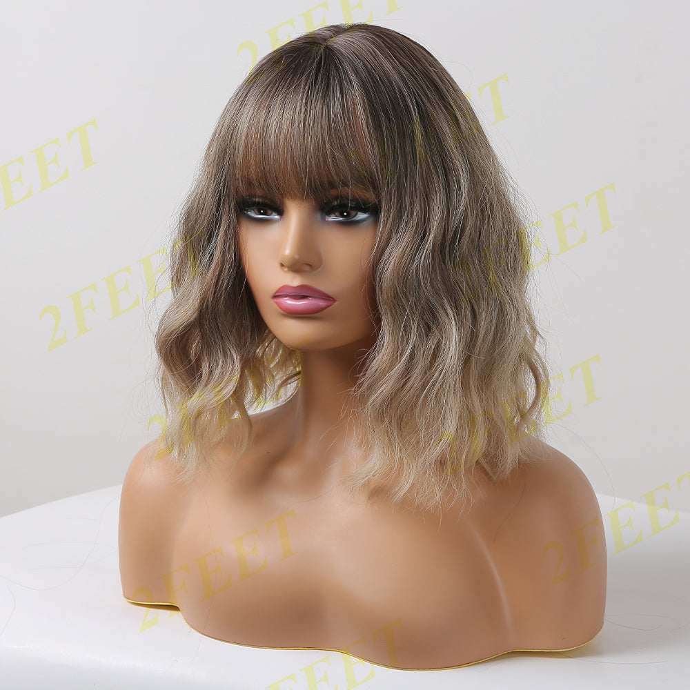 NO-10 light brown hair shoulder length curly hair with bangs for women dailywear LC058-1